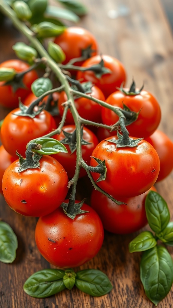 Roasted tomatoes on the vine, glistening with olive oil and herbs, on a rustic wooden table.